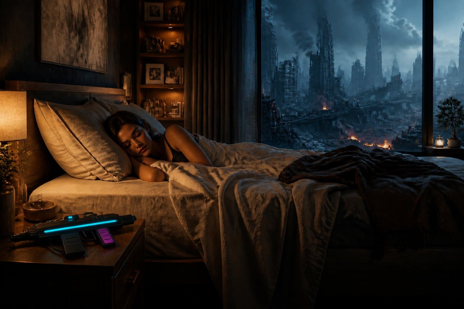 A woman asleep in a dim bedroom with a glowing Volt Wasp Mk1 on the nightstand, while a ruined city burns outside the window.